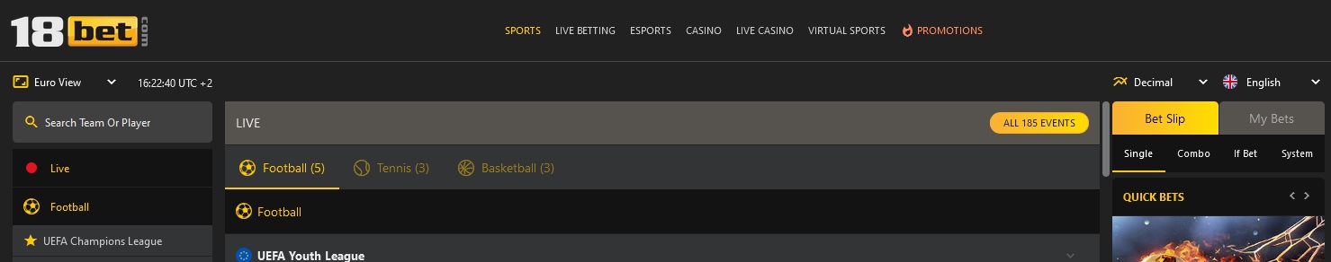 Banner do topo do site 18bet